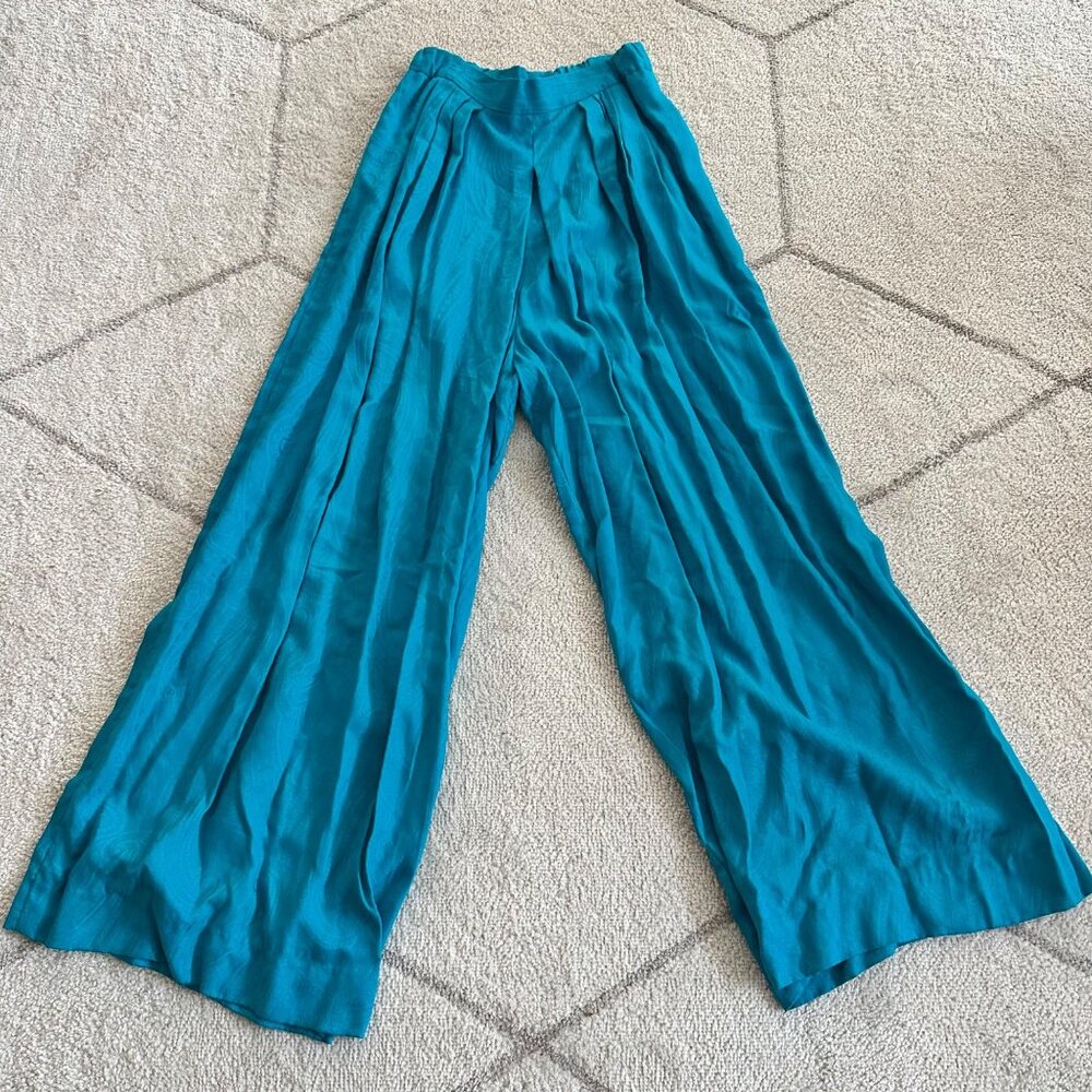 Vintage Gay Boyer Couture Teal Wide-Leg Jaquard Palazzo Pants